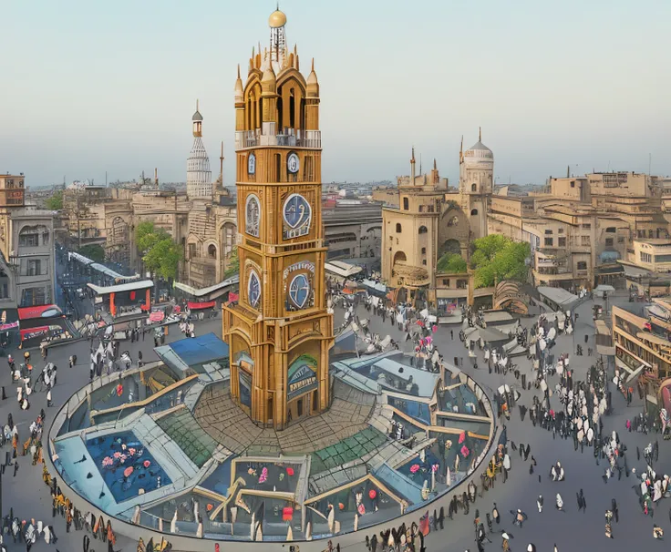 araffe clock tower in a city square with people walking around, indore, clock tower, beautiful image, clocktower, tourist destination, full - view, city square, beautiful, photo shot, enhanced photo, watch photo, circular towers, town square, stunning phot...