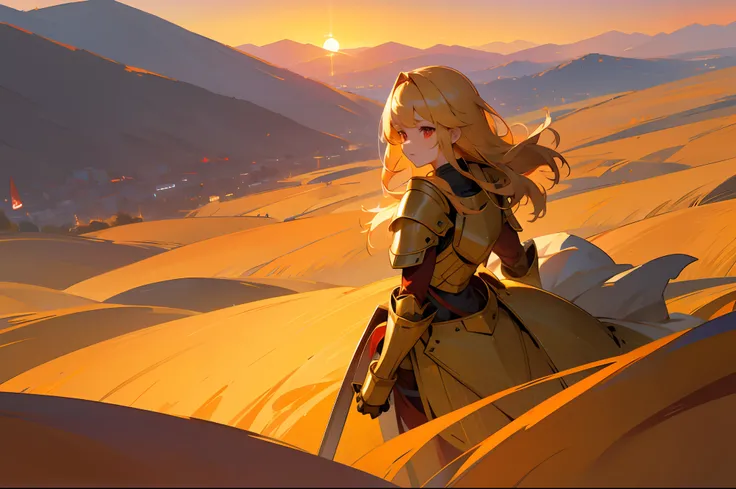 Above the hills，Golden armor，golden hair，red color eyes，National flags，the setting sun，teens girl