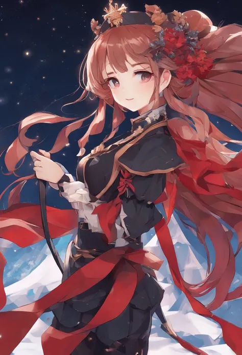 girl，15year old，Side braids，red headgear，with hands behind her back，Looks free，Full body like，Dressed in period costume，background starry sky