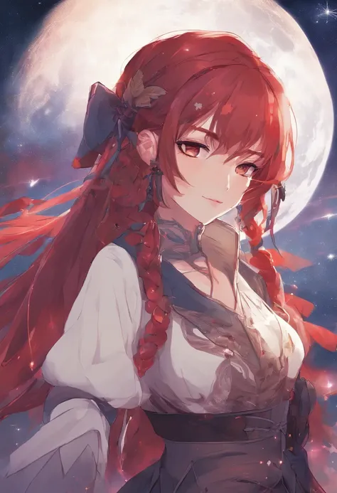 girl，15year old，Side braids，red headgear，with hands behind her back，Looks free，Full body like，Dressed in period costume，background starry sky