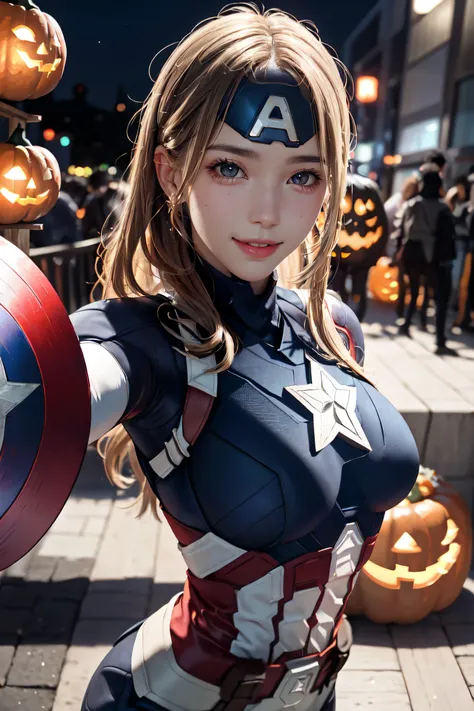 masterpiece, top-quality, top-quality, beautifully aesthetic:1.2, 1girl, halloween night, ((wearing a high-quality blue captain ...