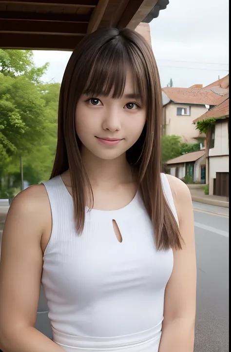 A girl,16 year old,european countryside,blonde,bangs bangs,pretty face,thick muscular arms,sleeveless waitress