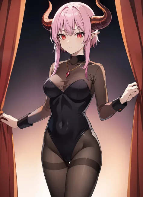 bedroom, red jewel necklace,  medium breasts, light purple hair,  dragon girl,   short hair with long locks, dragon horns, dark aura, evening,  ((((expressionless)))), black sclera, [(((orange eyes)))], standing, curtain grab, pantyhose, leotard, impossibl...