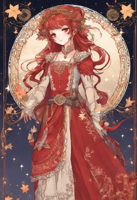 girl，12year old，Side braids，red headgear，with hands behind her back，Looks free，Full body like，Dressed in period costume，background starry sky