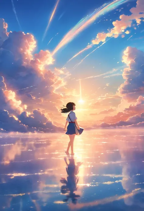 masterpiece, best quality, movie still, 1girl, cloud girl, floating in the sky, close-up, bright, happy, warm soft lighting, sunset, (sparks:0.7)