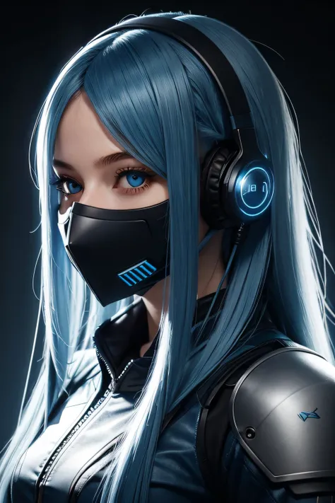 girl with long blue hair, blue eyes, futuristic vibes, mask on mouth, headphones, 8k, high quality, simple background, glowing eyes, nice pose