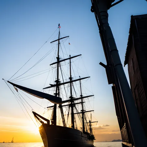 Silhouette of a sailing ship seen from the front