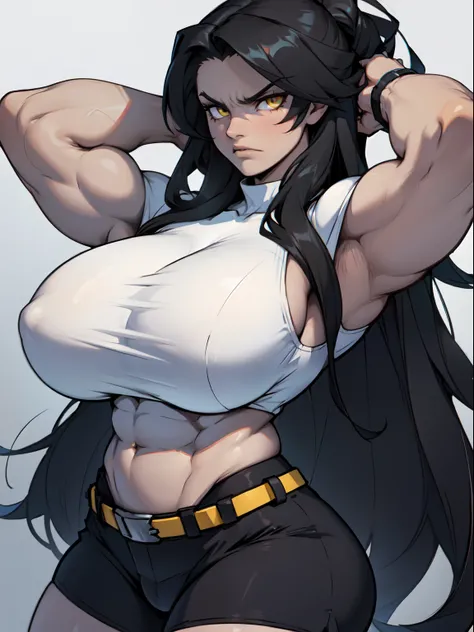 angry girl very long hair (((muscular))) pale skin black hair yellow eyes huge breasts