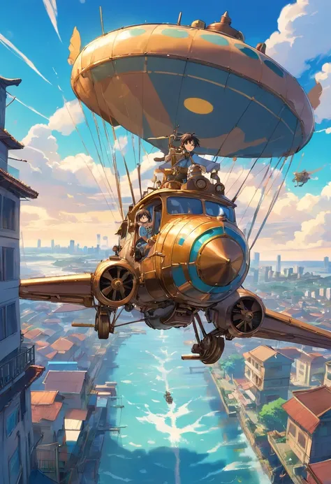 Estilo de sombra chinesa，Mundo Steampunk，Boy Piloting Steampunk Flying Machine，Suspenso no ar da cidade，nuvens espessas，Shadow Animation Art，Arte em quadrinhos a sombra，water ink，sombra，mancha，8k，Delicadamente retratado，Obras de mestres, in the background,...