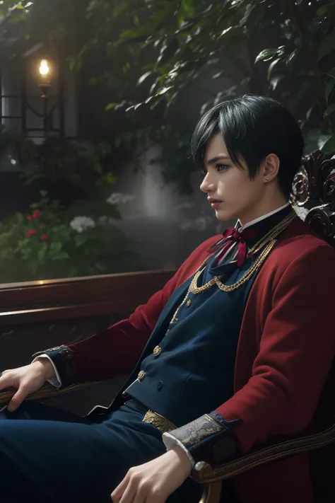 (best quality,4k,8k,highres,masterpiece:1.2),ultra-detailed,(realistic,photorealistic,photo-realistic:1.37),anime,mature boy with blue hair and deep intense eyes, elegant expression,masterfuly styled black and blue Victorian-era attire,sitting on a luxurio...