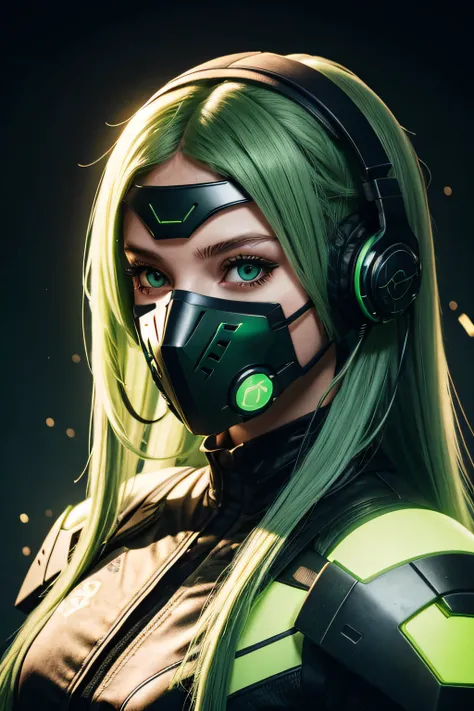 girl with long green hair, green eyes, futuristic vibes, mask on mouth, headphones, 8k, high quality, simple background, glowing...