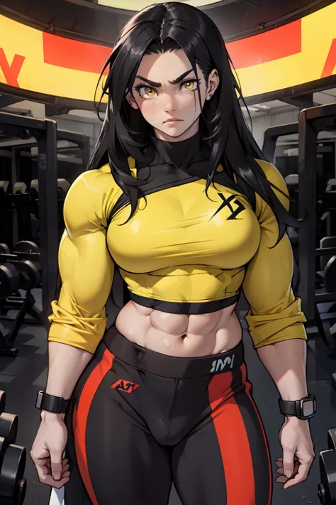 angry ((((1girl)))) (((bodybuilder))) pale skin black hair very long hair yellow eyes