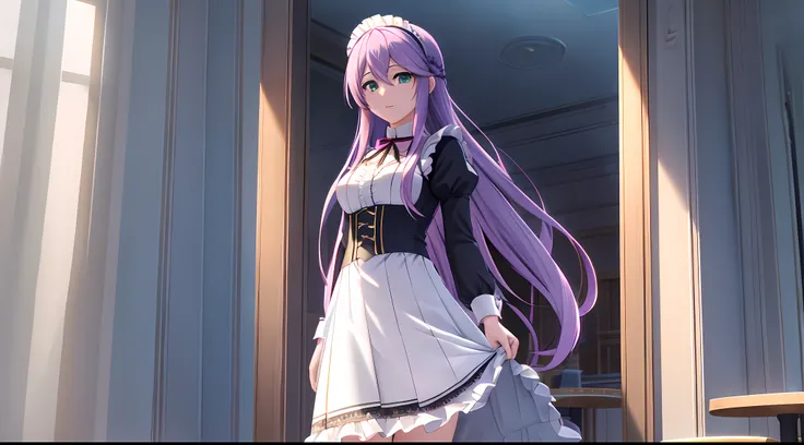 Athena with plain long light purple hair,hair between eyes,green eyes,rosy cheeks,full lips,thin eyebrows,slender body,wearing black maid uniform with frills lace and full long skirt,cute anime girl,full body,restaurant tables in background,anime style,Lum...