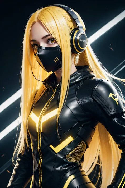 girl with long yellow hair, yellow eyes, futuristic vibes, mask on mouth, headphones, 8k, high quality, simple background, glowi...