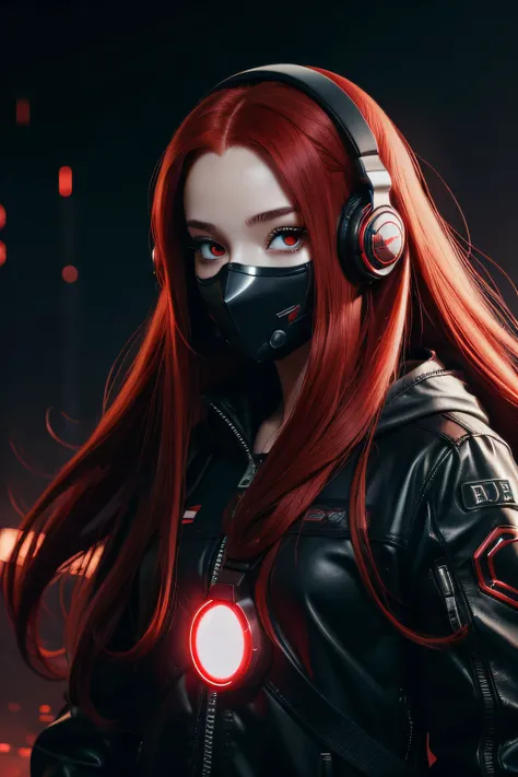 girl with long red hair, red eyes, futuristic vibes, mask on mouth, headphones, 8k, high quality, simple background, glowing eyes, nice pose