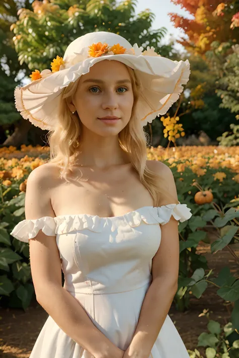 (a blonde,30-year-old woman wearing a white ruffled dress),(a blonde girl wearing a hat),garden,orange pumpkins,fall,(best quality,4k,8k,highres,masterpiece:1.2),ultra-detailed,realistic,portraits,vivid colors,warm tones,sunlight