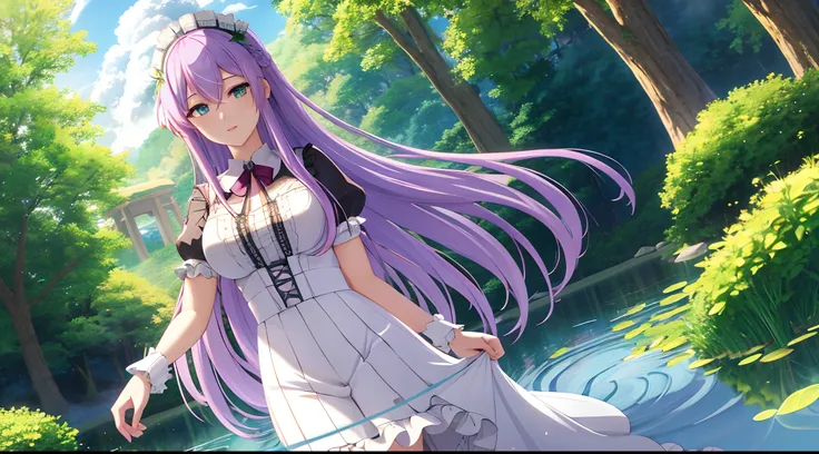 Athena with plain long light purple hair,hair between eyes,green eyes,rosy cheeks,full lips,thin eyebrows,slender body,wearing black maid uniform with frills lace and full long skirt,cute anime girl,full body,flowers field with waterfall in background,anim...