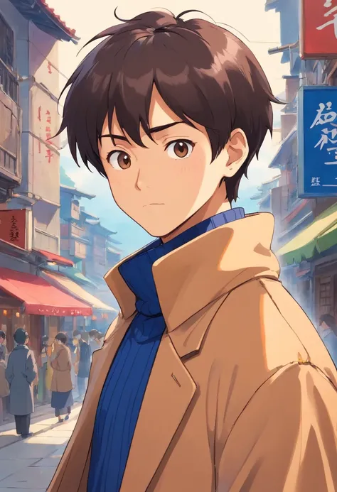 a boy, asian race, Indonesian Country, Tanned Skin, Crew Cut Hair Styling, wearing an anime turtleneck with overcoat, in the style of university, minimalist animation stills, masami teraoka, royal blue, paul gauguin, Casual style, honest portrayal