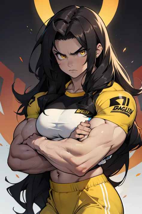 angry ((((1girl)))) (((bodybuilder))) pale skin black hair very long hair yellow eyes