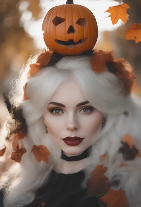 white backgrounid、full bodyesbian、Halloween、face perfect、perfect hair、Top resolution、witch outfit、Pumpkin Ghost