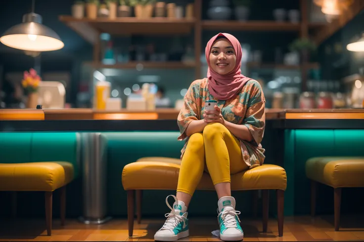 Malay girl with hijab seating in hipster cafe, happy, smiling, nighttime, wearing yellow Floral Ruched Bust Slip Romper, pink sneakers, soft professional lighting, blur background, cool ambient, bokeh, small breast, small waist, small head, short petite bo...