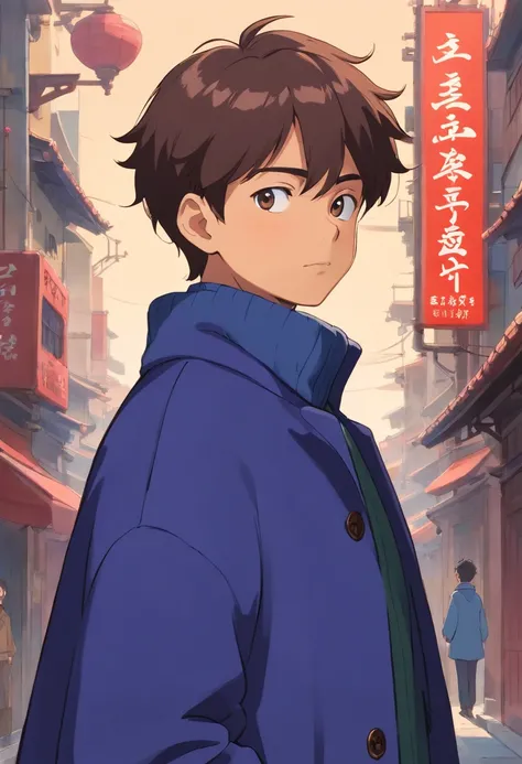 a boy, asian race, Indonesian Country, Tanned Skin, Crew Cut Hair Styling, wearing an anime turtleneck with overcoat, in the style of university, minimalist animation stills, royal blue, Casual style, honest portrayal