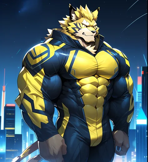 City background, skyscraper, futuristic city, night, stars, night lights, Leomon Gigachad, Superhero, hero, Nadaria, massive muscles, huge pecs, chiseled ABS, huge pecs, exaggeratedly huge muscles. A furry hero whose presence inspires trust and respect. ((...