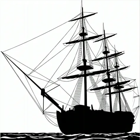 Black and white silhouette of a tall ship with sails, Sail ships, Ships with sails, Sails, masts and rigging, detailed silhouette, Old pirate ship, ships with sails underneath, Big Graphic purse seine, Sail ships, galleon, black and white vector art, sail,...