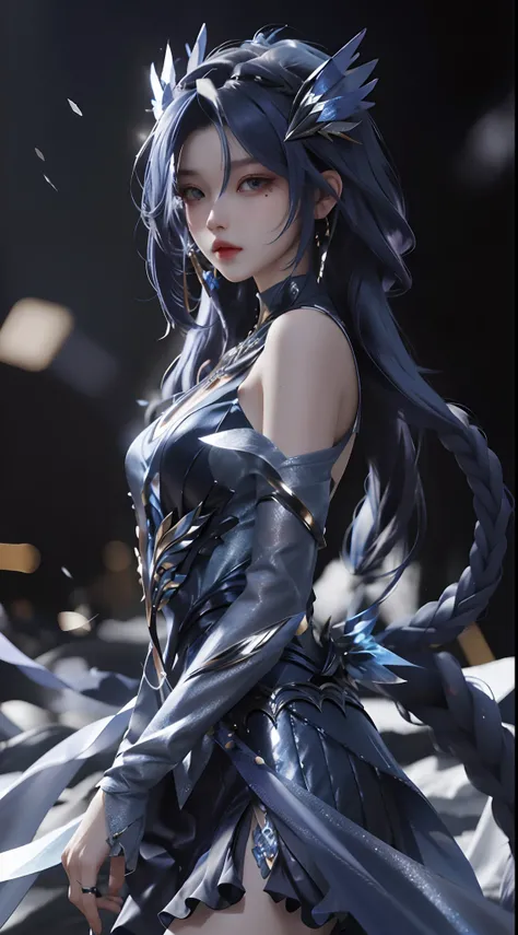 Ultra HD, 8K quality, A girl, Blue very long hair, Dark blur dress, Detailed eyes, Unreal Engine 5,