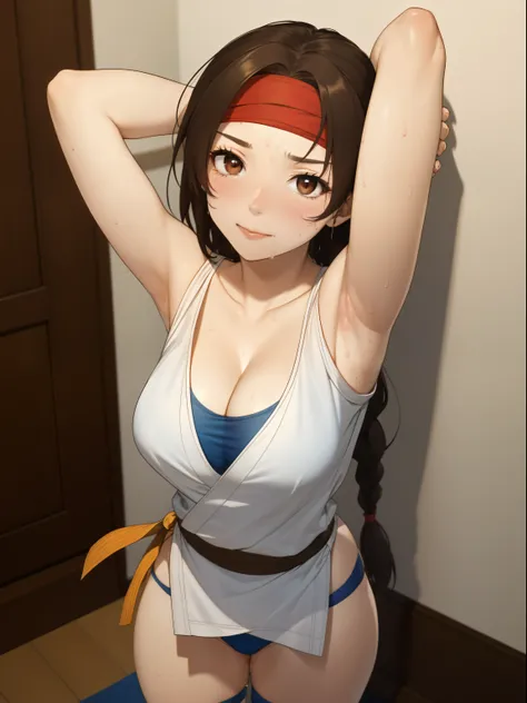 ((masterpiece:1.2, best quality)), yuri sakazaki, 1girl, braided ponytail, long hair, brown hair, brown eyes, (red headband:1.2), (white dogi:1.2), Blue tank top, bare arms, Yellow black fingerless gloves, (blue panties:1.3), karate, medium breasts, cleava...