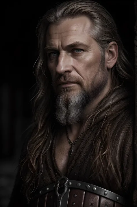 (Highest quality:1.3), cinematic shot, masterpiece, (sharp focus:1.5), (photorealistic:1.3),  medium portrait of (a weary-looking but still proud and fierce-looking old Viking warrior, now the leader of his village, dressed in elaborately detailed chain ma...