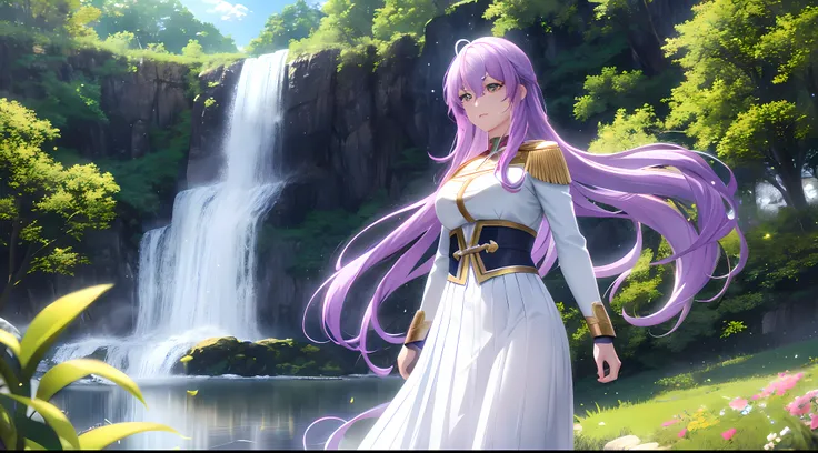 Athena with plain long light purple hair,hair between eyes,green eyes,rosy cheeks,full lips,thin eyebrows,slender body,wearing dc comics supergirl costume and full long skirt,cute anime girl,full body,flowers field with waterfall in background,anime style,...