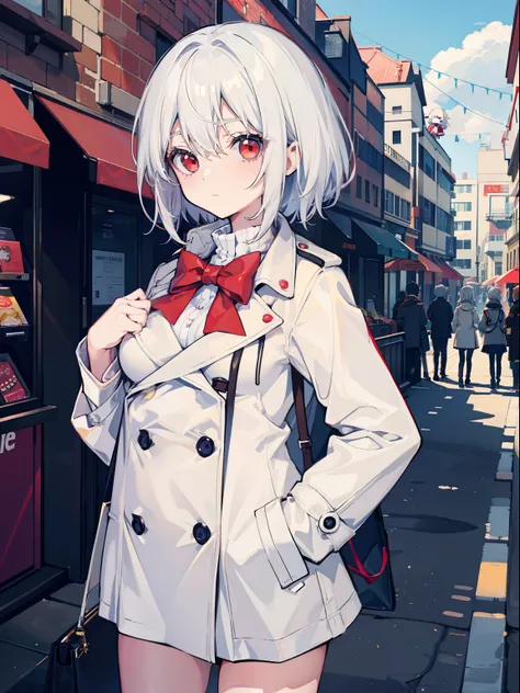 anime big breast，1girl in，White-haired, Red-eyed, Shy small-breasted loli in a trench coat，With a shopping street in the background，Put your hands in your clothes pockets