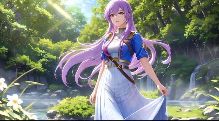 Athena with plain long light purple hair,hair between eyes,green eyes,rosy cheeks,full lips,thin eyebrows,slender body,wearing dc comics supergirl costume and full long skirt,cute anime girl,full body,flowers field with waterfall in background,anime style,...