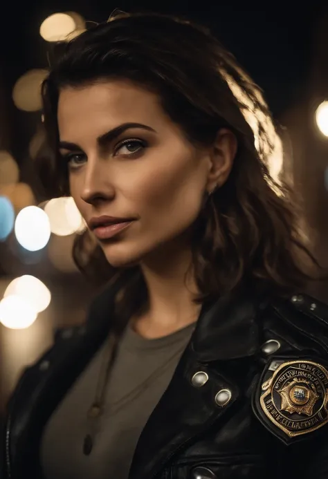 Retrato de natlp como um modelo feminino bonito, Georgia Fowler, beautiful face, com cabelos castanhos escuros curtos, in cyberpunk city at night. She is wearing a leather jacket, black jeans, dramatic lighting, (police badge:1.2)