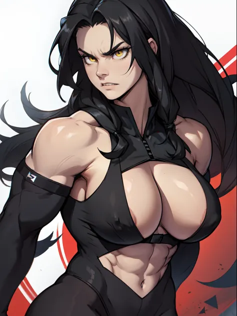 angry girl very long hair (((muscular))) pale skin black hair yellow eyes huge breasts