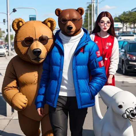 Um urso com oculos, bone vermelho e jaqueta azul