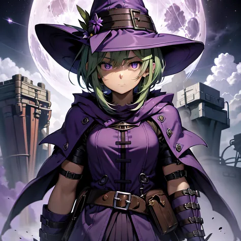 top-quality、extremely delicate and beautiful、(A teenage girl)、Purple Eye、Green hair、short-haired、(purple witch hat)、Purple tie、Tactical Vest、Soio、shortsleeves、Purple skirt、Purple Wizard Robe、Navel、is standing、Facing the front、Expression of hatred、Full moon...