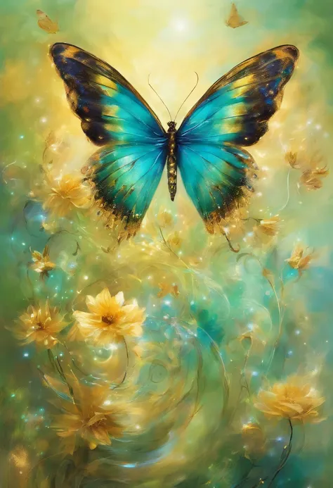 Photo of a magical blue-green-gold energy emanating from a serene garden. Ethereal butterflies flutter around, their wings shimmering with golden hues, while enchanting flowers bloom, radiating a sense of wonder and fantasy.