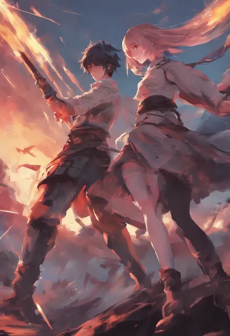 Semi realism style anime girl and boy in battle