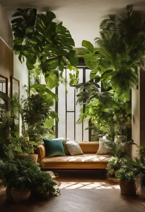 Crie uma imagem que represente uma sala bem iluminada e aconchegante, decorada com plantas de interior exuberantes. As plantas devem estar estrategicamente posicionadas em vasos coloridos, adicionando um toque de verde e frescor ao ambiente. A imagem deve ...