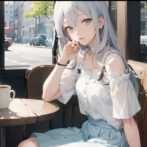 anime girl sitting at a table with a cup of coffee, an anime girl, attractive anime girl, young anime girl, perfect white haired girl, pretty anime girl, beautiful anime girl, cute anime girl, anime asthetic, anime girl, realistic young anime girl, kantai ...