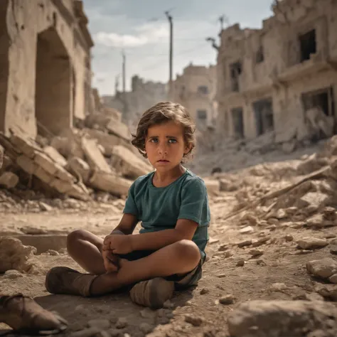 war in israel bombed buildings child sitting crying realistic 4k