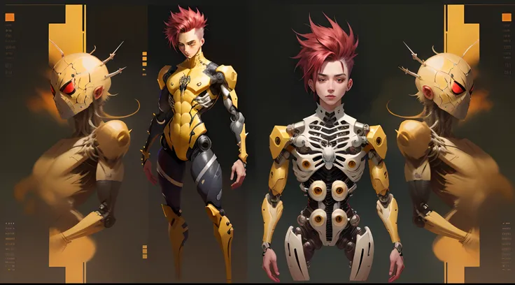 Spider inspired humanoid character sheet. black, yellow, blue, and red with spiky hair. Yellow eyes