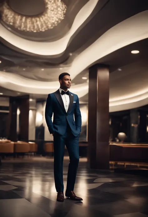 Create a stunning AI artwork that captures the essence of a confident and charismatic multimillionaire dressed in an impeccably tailored suit, set against a backdrop that reflects opulence and success. Infuse the artwork with a sense of power, elegance, an...