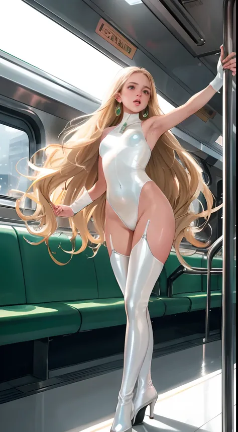 ((prepubescent)), Beautiful girl, freckles on her face, Light green eyes, Large earrings, high heels boots, full bodyesbian, Shot from below, Very light skin , Very long hair, Wavy hair , Blonde hair, Busy subway cars, Photorealistic, Indirect lighting, vo...