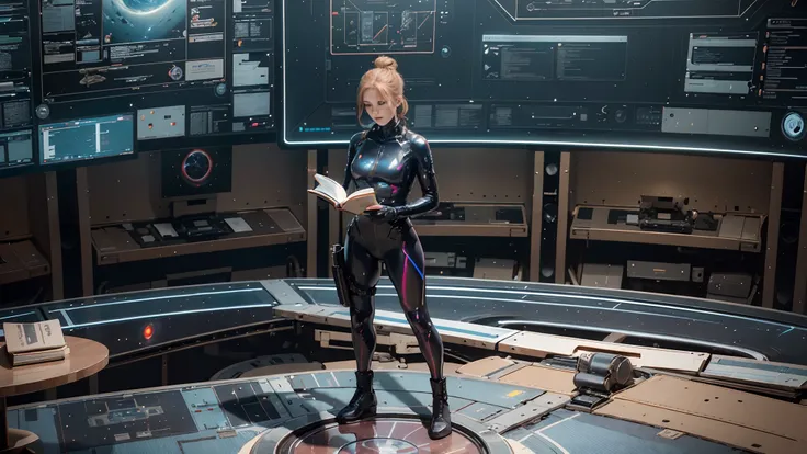 (realistic:1.4), strawberry blonde hair, reading book, standing, futuristic, solo, military hair bun, brown eyes, holographic screen, blue bodysuit, tactical gear. Gorgeous woman, detailed face, control room, holding book, sci-fi, space station