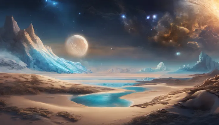 huge planet, the night, starrysky, surrealism, masutepiece, hight resolution、Impressive Milky Way:1.9、sand beach、Vast blue ocean、Blue glacier、lightning bolt:1.9