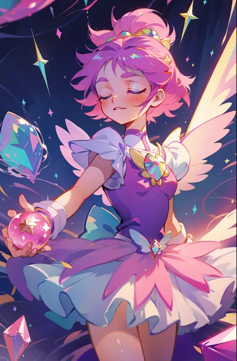 masterpiece, best quality, 1girl, magical girl, detailed magical girl costume, pretty cure, star guardian, Cardcaptor sakura, puella magi madoka magica, colorful gems, crystals, sparkling, bright colors