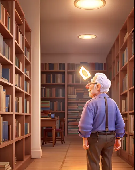 A wise old man standing in front, illuminated by the light of a lamp, against the backdrop of a library